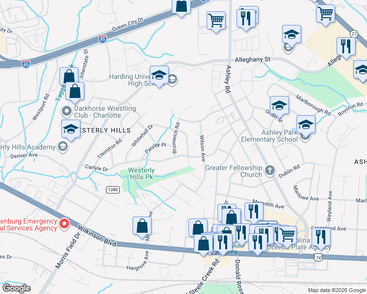 map of restaurants, bars, coffee shops, grocery stores, and more near 3817 Whitehall Drive in Charlotte