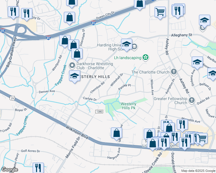 map of restaurants, bars, coffee shops, grocery stores, and more near 4045 Whitehall Drive in Charlotte
