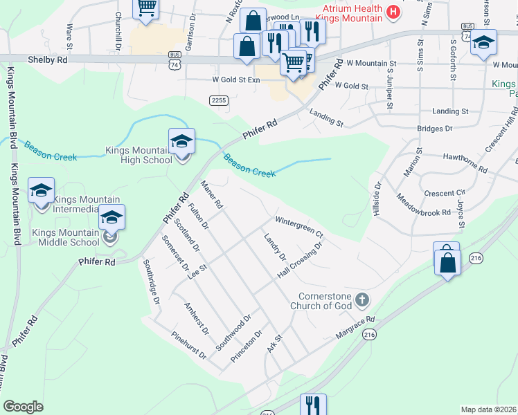 map of restaurants, bars, coffee shops, grocery stores, and more near 404 Wintergreen Court in Kings Mountain