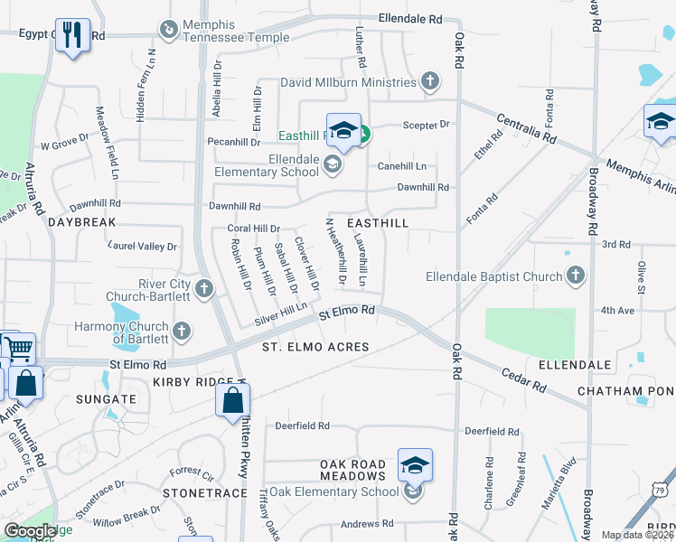 map of restaurants, bars, coffee shops, grocery stores, and more near 6929 Areka Hill Cove in Bartlett
