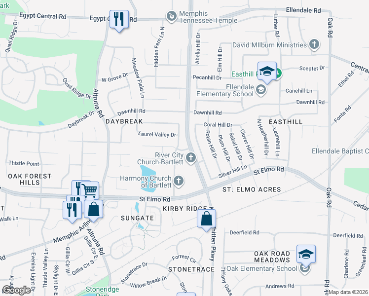 map of restaurants, bars, coffee shops, grocery stores, and more near 6746 Booth Forrest Drive in Bartlett