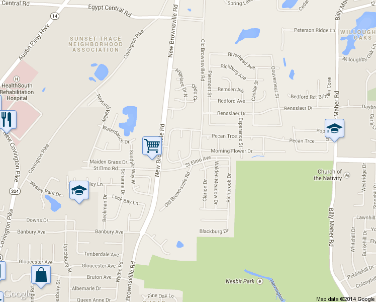 map of restaurants, bars, coffee shops, grocery stores, and more near 5587 Flower Hill Drive East in Memphis