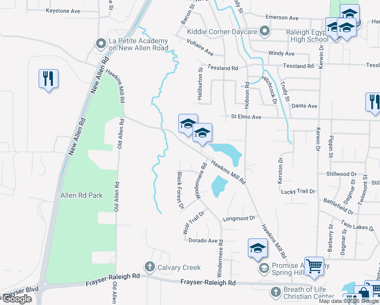 map of restaurants, bars, coffee shops, grocery stores, and more near 3625 Hawkins Mill Road in Memphis