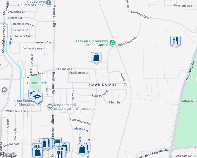 map of restaurants, bars, coffee shops, grocery stores, and more near 3889 Schoolfield Road in Memphis