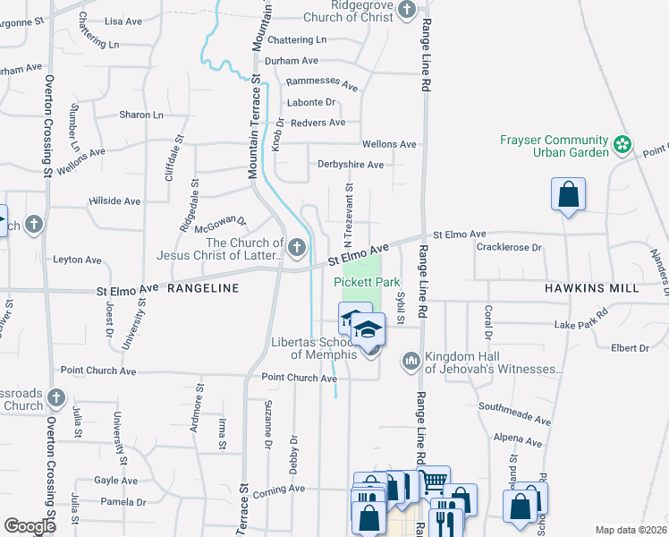 map of restaurants, bars, coffee shops, grocery stores, and more near 3889 North Trezevant Street in Memphis