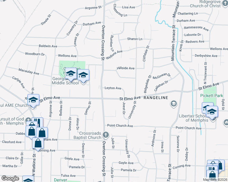 map of restaurants, bars, coffee shops, grocery stores, and more near 2143 Leyton Avenue in Memphis