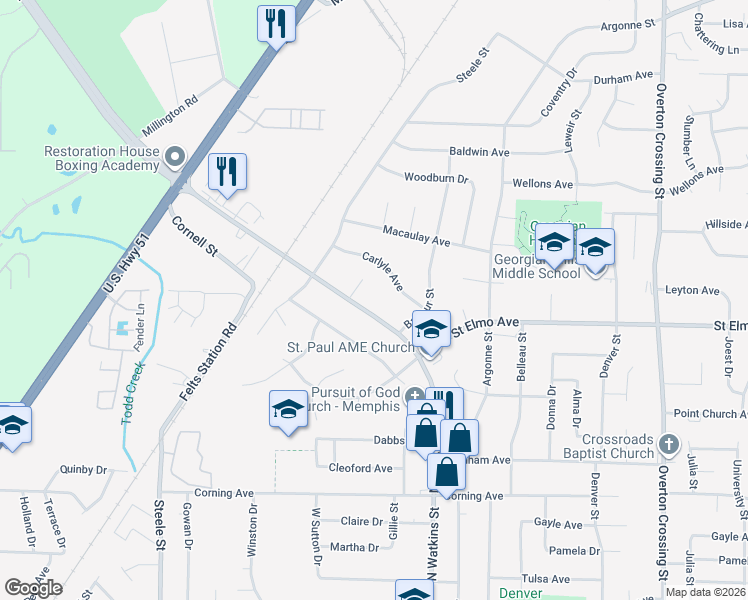 map of restaurants, bars, coffee shops, grocery stores, and more near 3890 North Watkins Street in Memphis