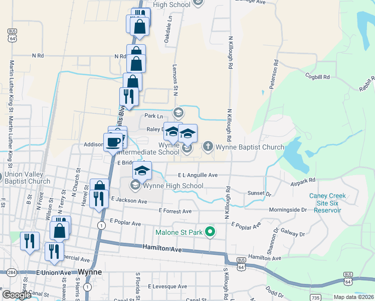 map of restaurants, bars, coffee shops, grocery stores, and more near 1048-1198 Bridges Avenue East in Wynne