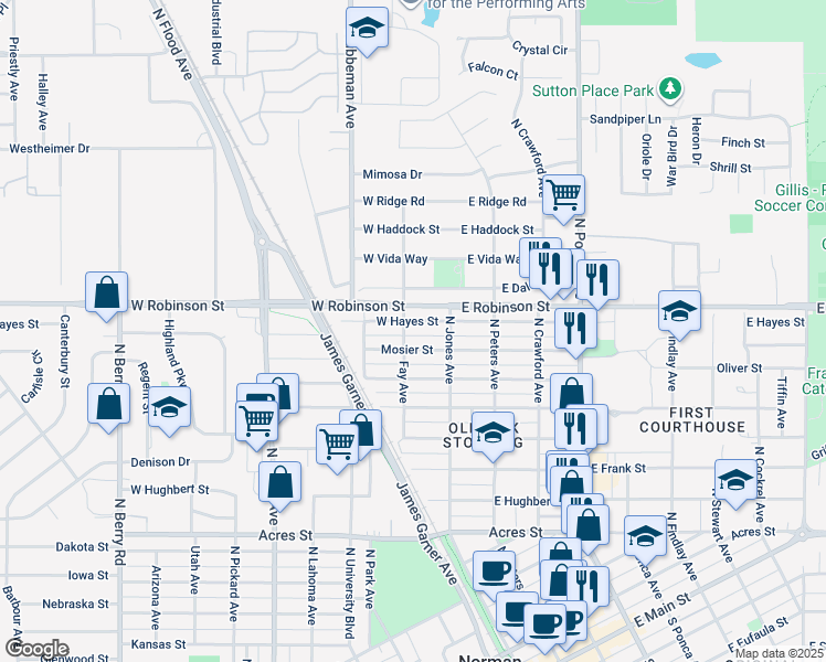 map of restaurants, bars, coffee shops, grocery stores, and more near 128 West Hayes Street in Norman