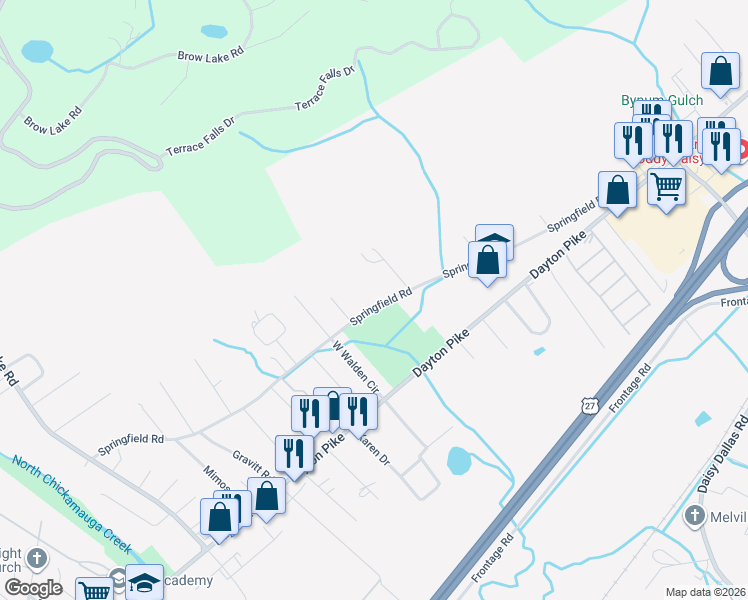 map of restaurants, bars, coffee shops, grocery stores, and more near 9021 Springfield Rd in Soddy-Daisy