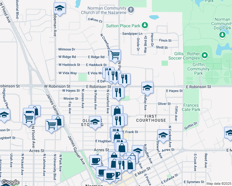 map of restaurants, bars, coffee shops, grocery stores, and more near 324 E Hayes St in Norman