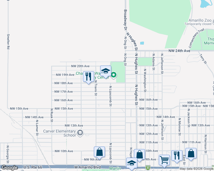 map of restaurants, bars, coffee shops, grocery stores, and more near 1409 Northwest 18th Avenue in Amarillo