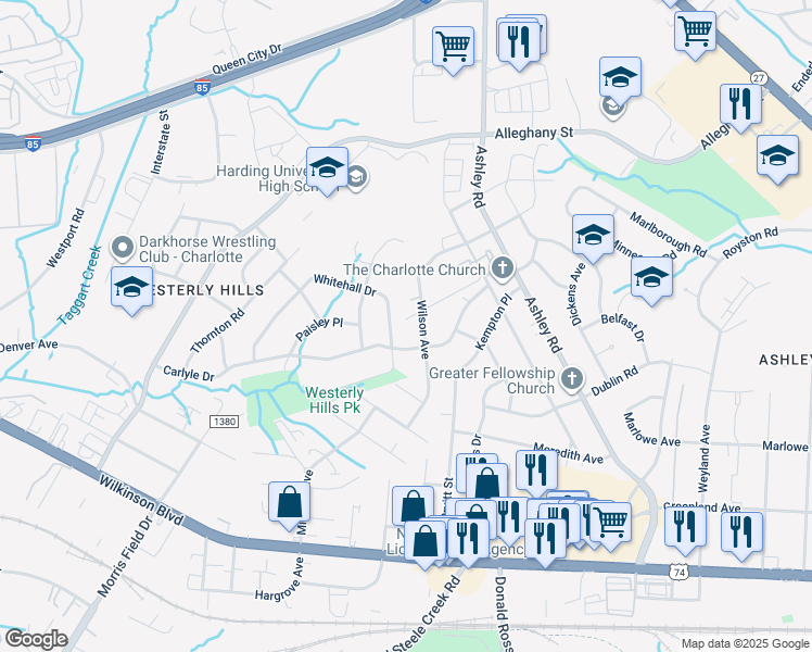 map of restaurants, bars, coffee shops, grocery stores, and more near 3715 Joy Street in Charlotte