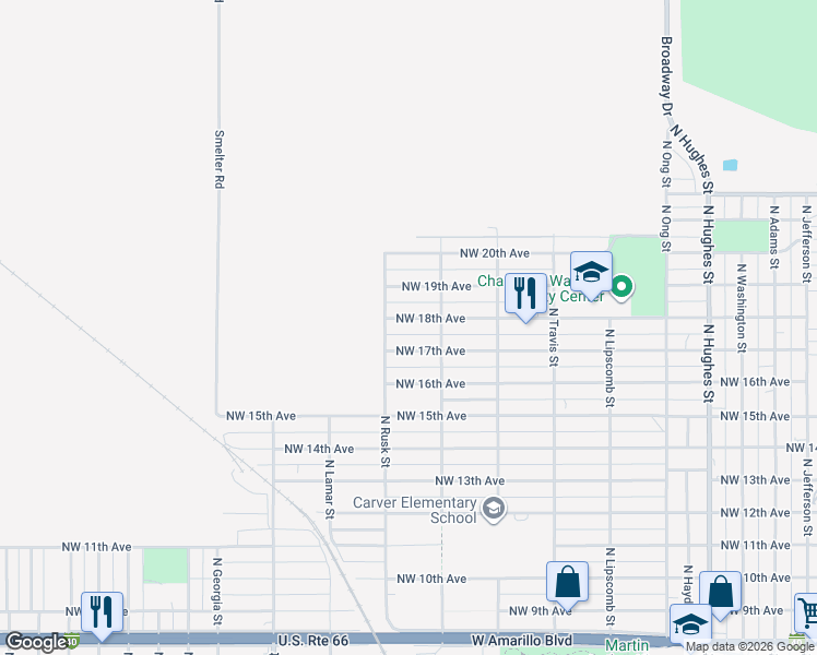 map of restaurants, bars, coffee shops, grocery stores, and more near 2029 NW 18th Ave in Amarillo