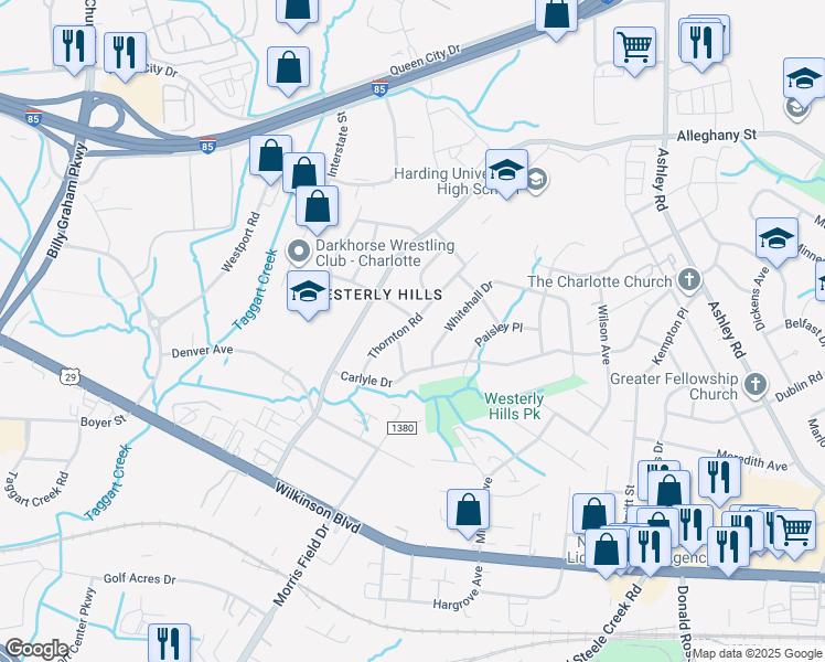 map of restaurants, bars, coffee shops, grocery stores, and more near 2601 Thornton Road in Charlotte