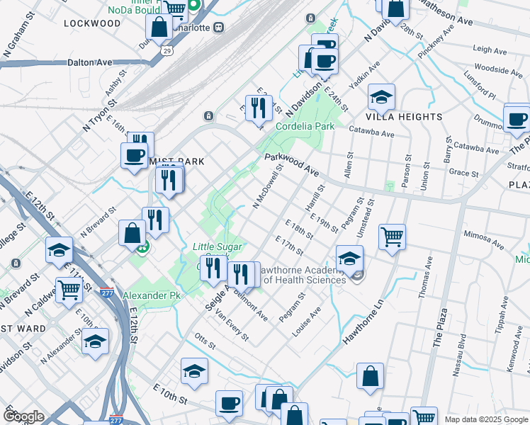 map of restaurants, bars, coffee shops, grocery stores, and more near 812 East 18th Street in Charlotte