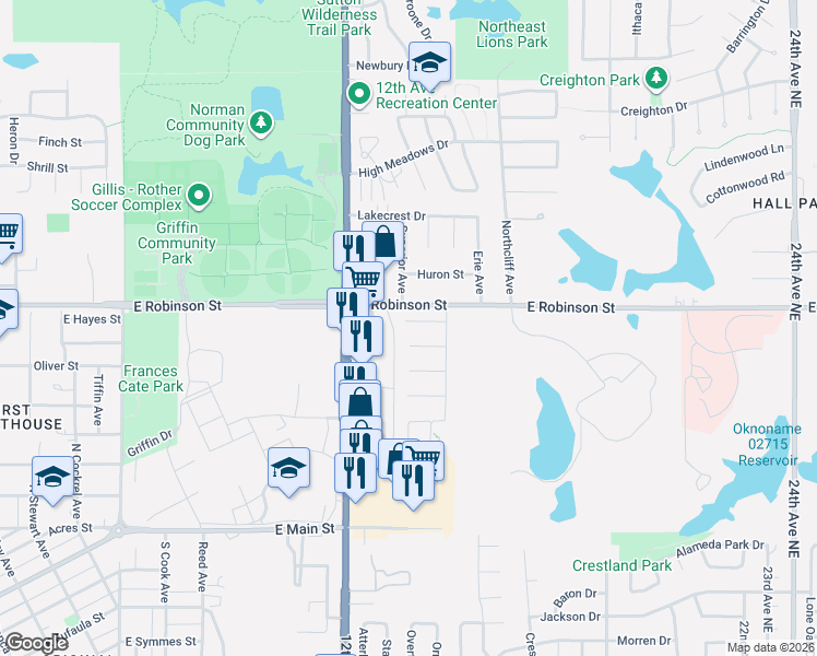 map of restaurants, bars, coffee shops, grocery stores, and more near 1424 Forest Glenn Circle in Norman