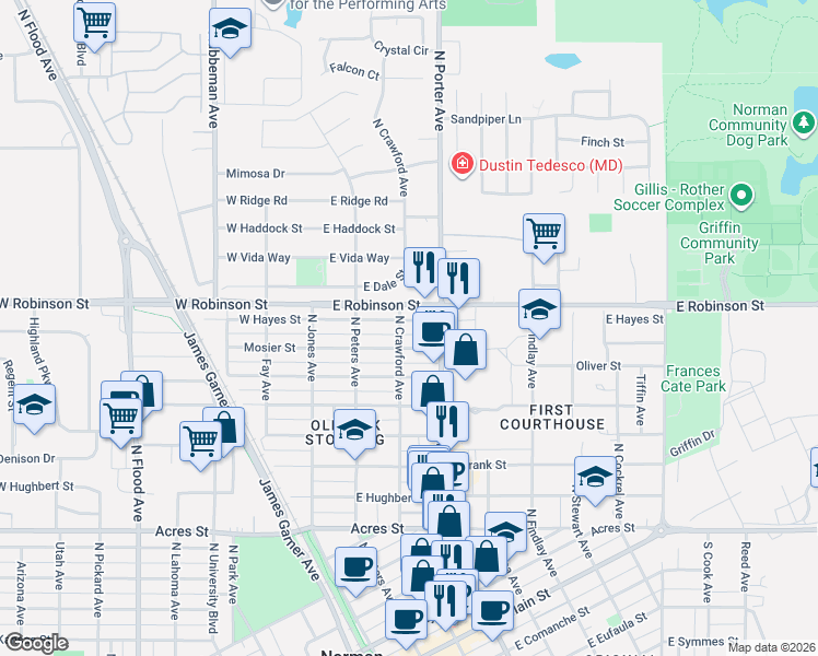 map of restaurants, bars, coffee shops, grocery stores, and more near 228 East Hayes Street in Norman