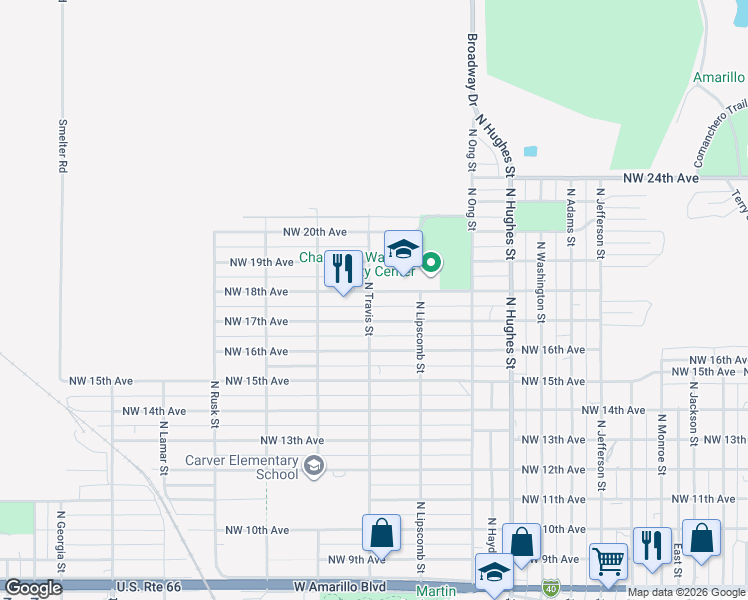 map of restaurants, bars, coffee shops, grocery stores, and more near 1712 North Travis Street in Amarillo