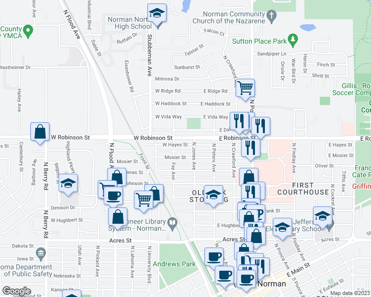 map of restaurants, bars, coffee shops, grocery stores, and more near 112 West Hayes Street in Norman