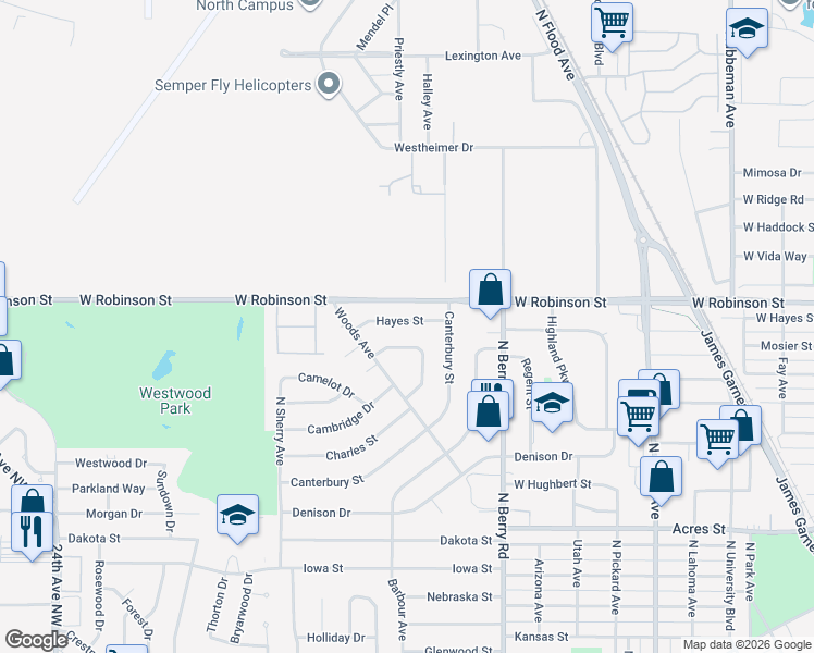 map of restaurants, bars, coffee shops, grocery stores, and more near 1406 Hayes Street in Norman