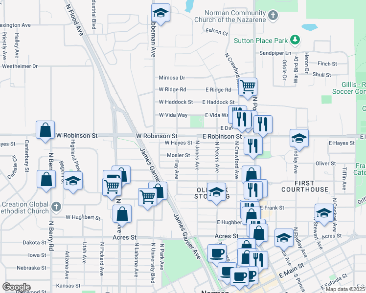 map of restaurants, bars, coffee shops, grocery stores, and more near 128 West Hayes Street in Norman