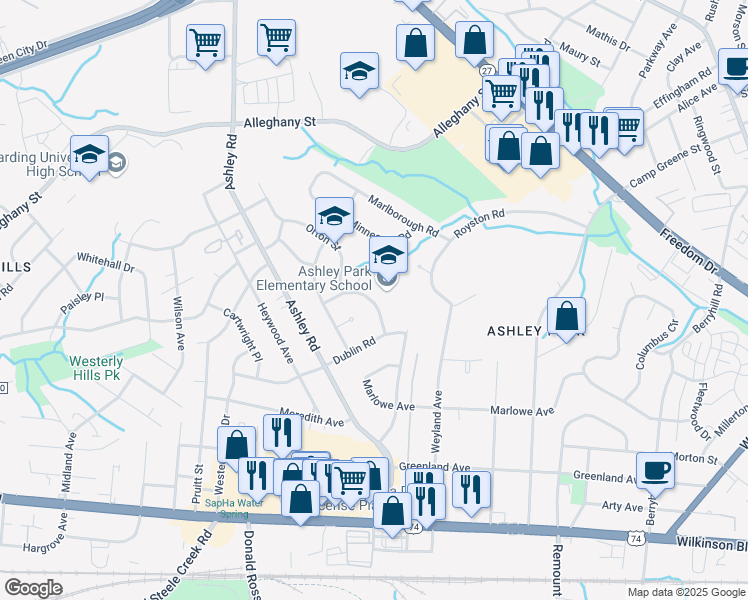 map of restaurants, bars, coffee shops, grocery stores, and more near 2401 Belfast Drive in Charlotte