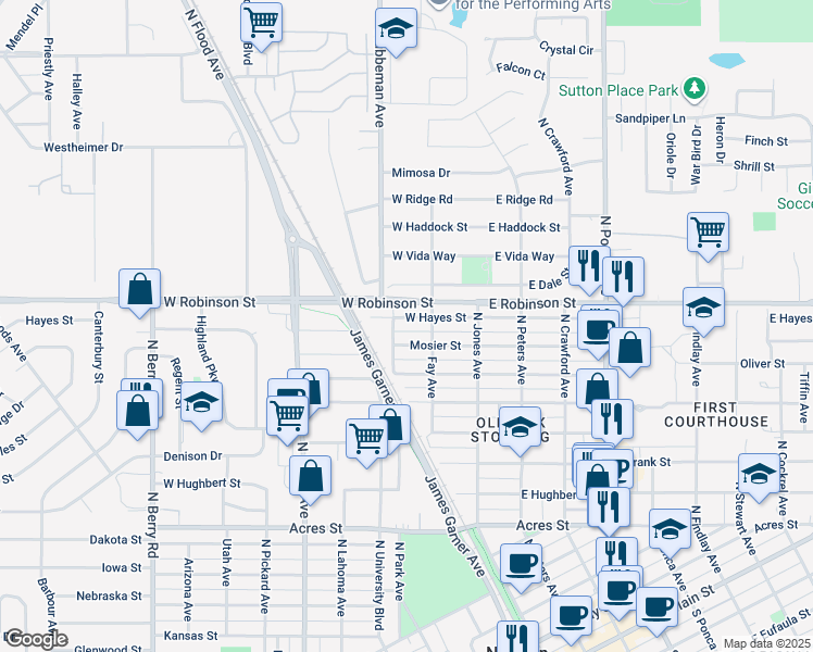 map of restaurants, bars, coffee shops, grocery stores, and more near 230 West Hayes Street in Norman