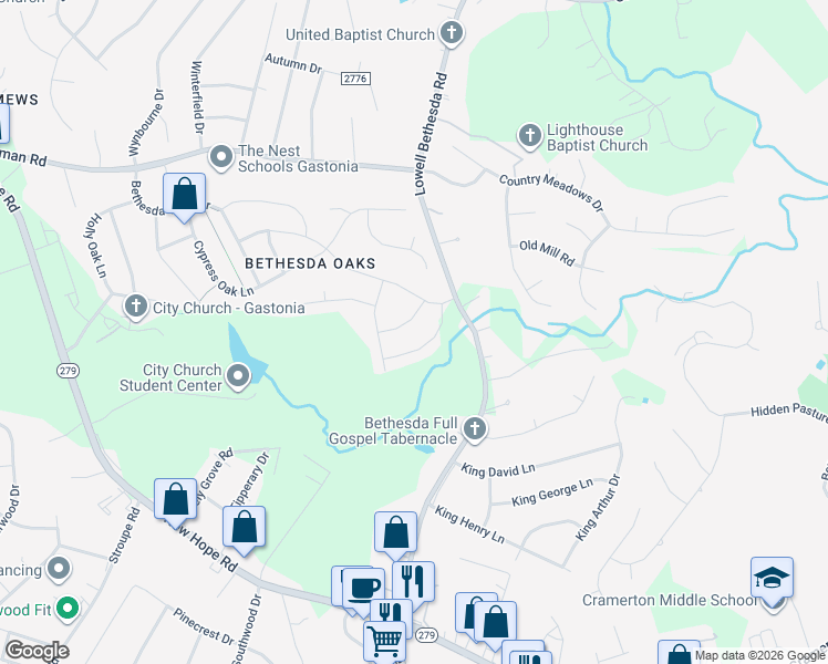 map of restaurants, bars, coffee shops, grocery stores, and more near 2285 Lowell Bethesda Road in Gastonia