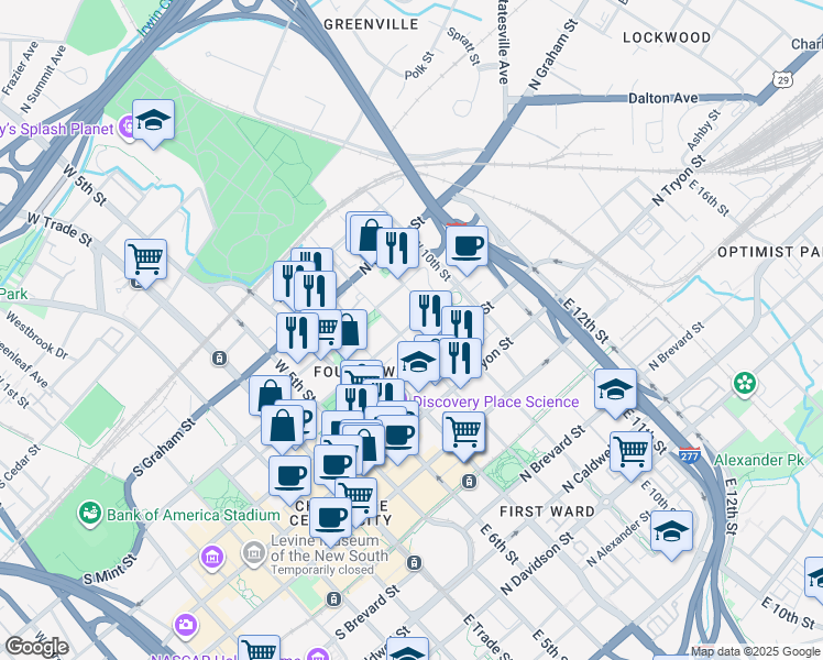 map of restaurants, bars, coffee shops, grocery stores, and more near 501 North Poplar Street in Charlotte