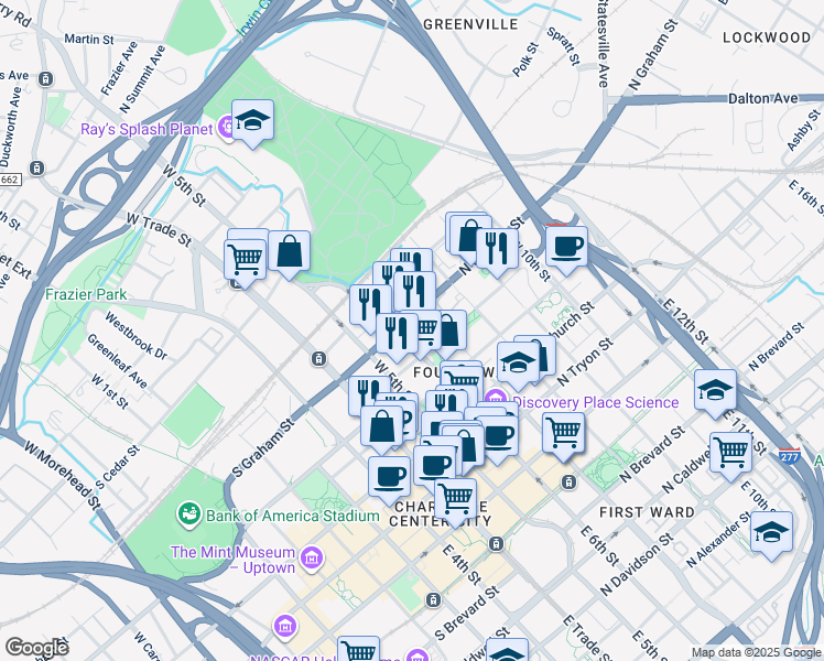 map of restaurants, bars, coffee shops, grocery stores, and more near 306 North Graham Street in Charlotte