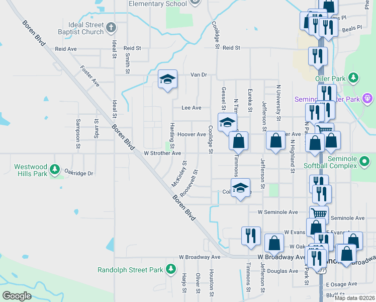map of restaurants, bars, coffee shops, grocery stores, and more near 1000 McKinley Street in Seminole