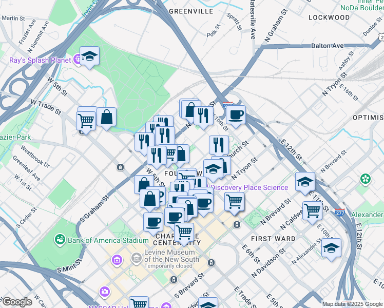 map of restaurants, bars, coffee shops, grocery stores, and more near 421 North Poplar Street in Charlotte