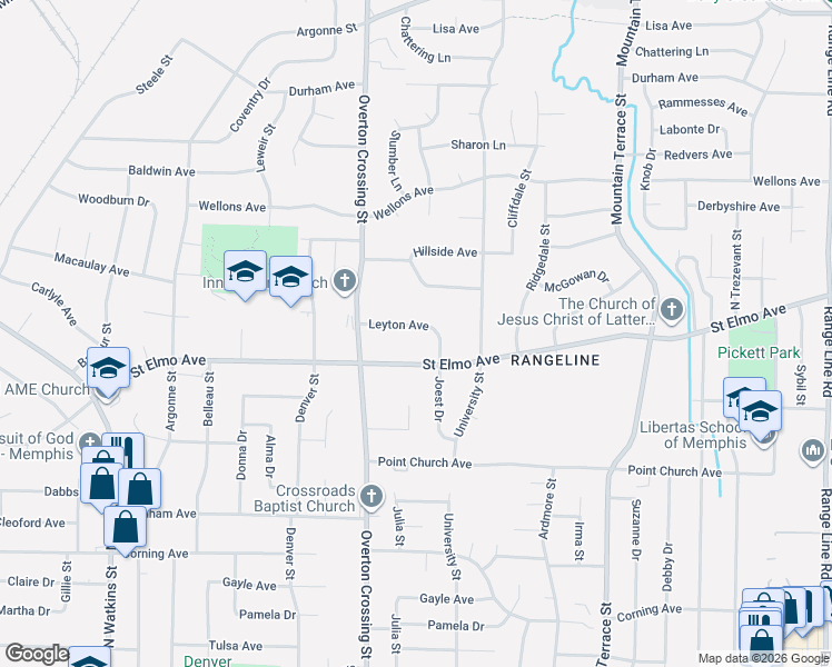 map of restaurants, bars, coffee shops, grocery stores, and more near 3899 Joest Drive in Memphis