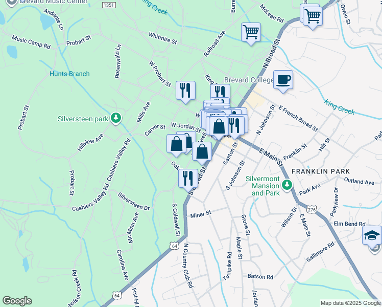 map of restaurants, bars, coffee shops, grocery stores, and more near 783 Henry Mountain Road in Brevard