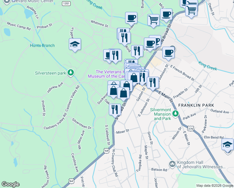 map of restaurants, bars, coffee shops, grocery stores, and more near 783 Henry Mountain Road in Brevard