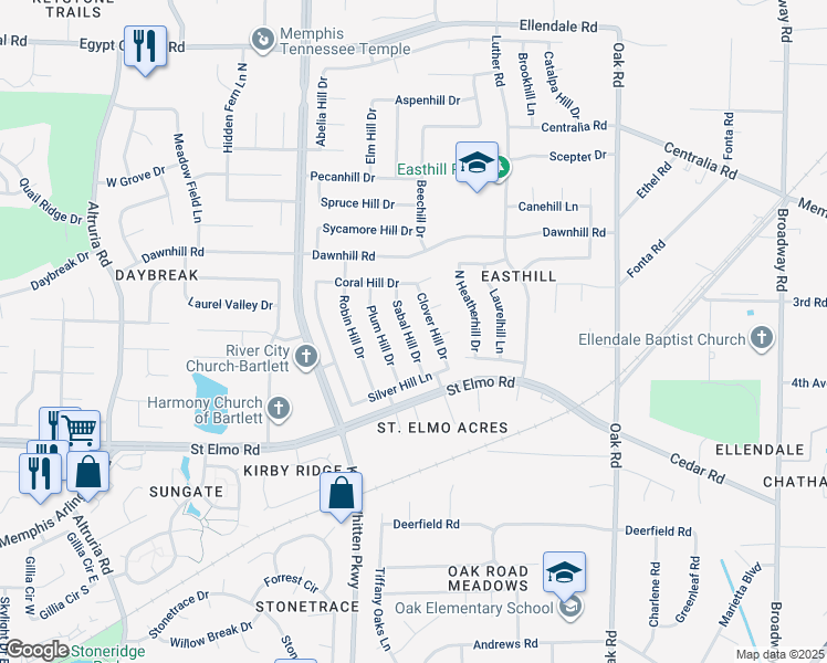 map of restaurants, bars, coffee shops, grocery stores, and more near 3898 Sabal Hill Drive in Bartlett