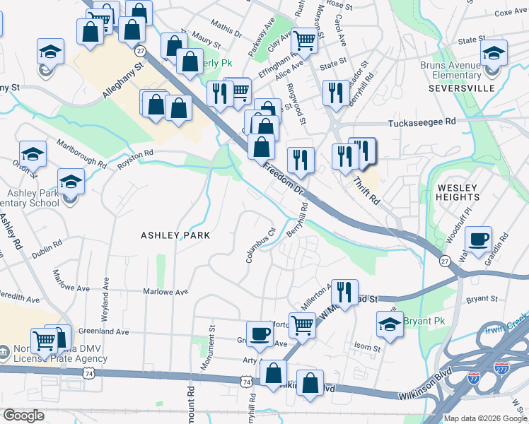 map of restaurants, bars, coffee shops, grocery stores, and more near 2520 Columbus Circle in Charlotte