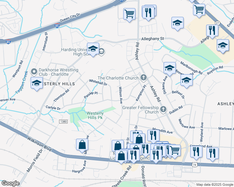 map of restaurants, bars, coffee shops, grocery stores, and more near 3711 Joy Street in Charlotte