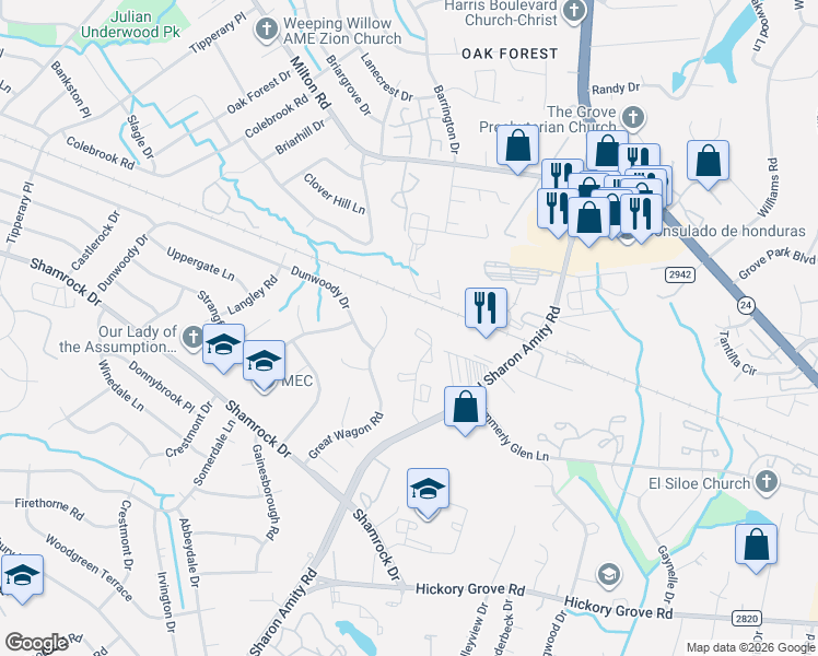 map of restaurants, bars, coffee shops, grocery stores, and more near 4400 Sharon Chase Drive in Charlotte