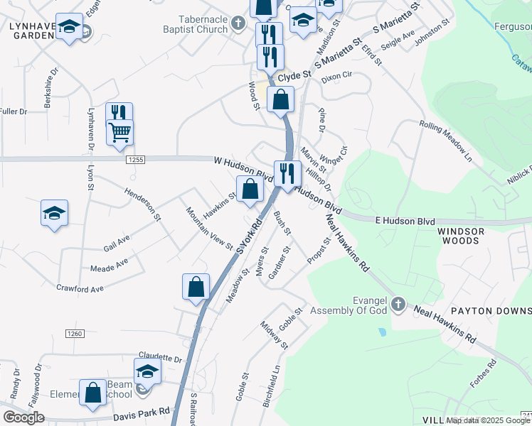 map of restaurants, bars, coffee shops, grocery stores, and more near 2400 South York Road in Gastonia