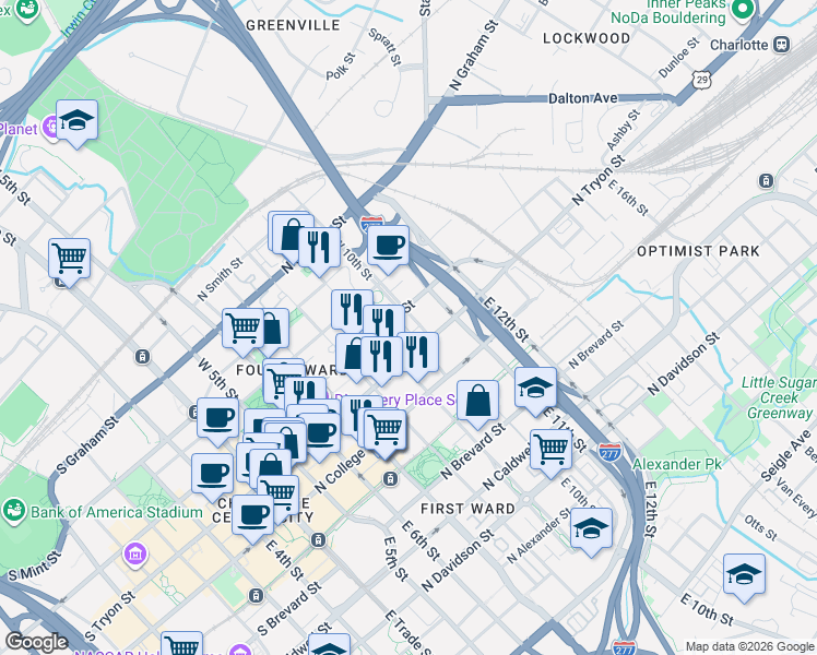 map of restaurants, bars, coffee shops, grocery stores, and more near 640 North Church Street in Charlotte