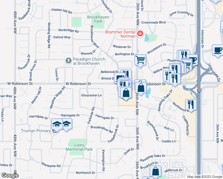 map of restaurants, bars, coffee shops, grocery stores, and more near 3820 Cord Circle in Norman