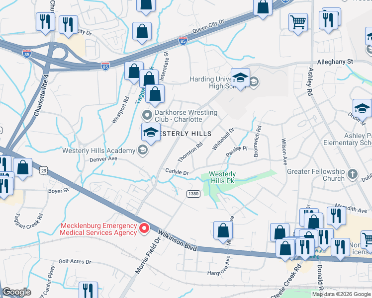 map of restaurants, bars, coffee shops, grocery stores, and more near 2708 Thornton Road in Charlotte