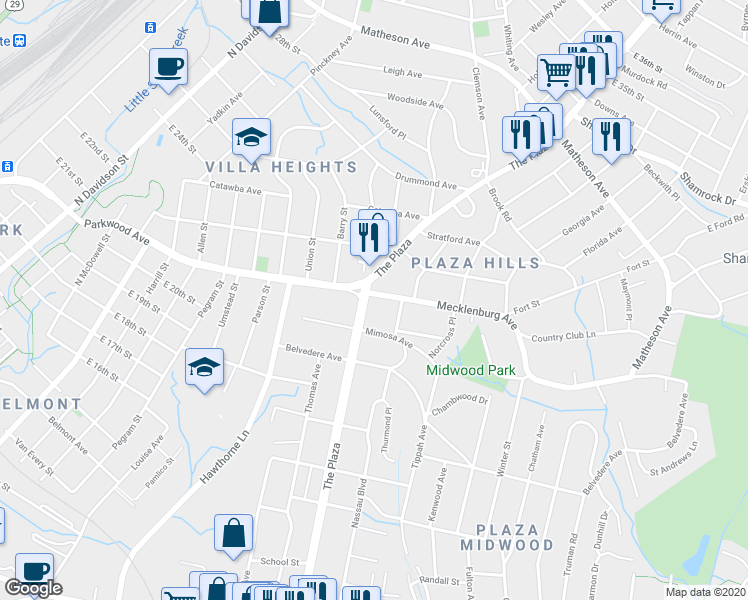 map of restaurants, bars, coffee shops, grocery stores, and more near 2224 The Plaza in Charlotte