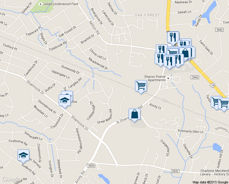 map of restaurants, bars, coffee shops, grocery stores, and more near 4408 Sharon Chase Drive in Charlotte
