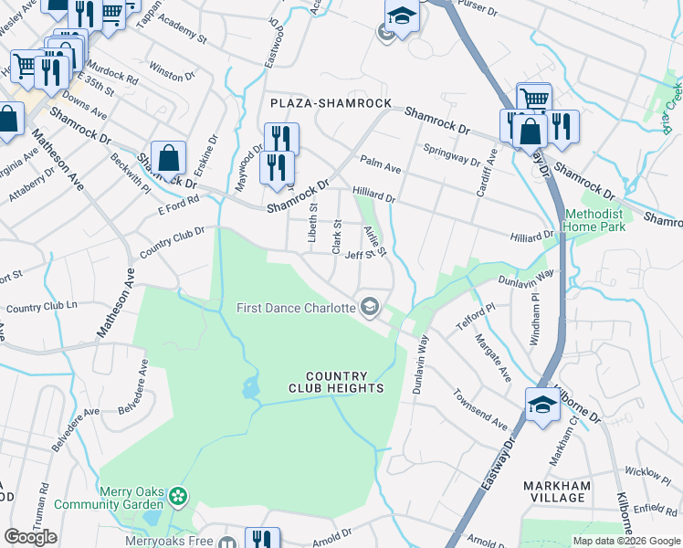 map of restaurants, bars, coffee shops, grocery stores, and more near 3431 Country Club Drive in Charlotte