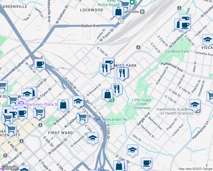 map of restaurants, bars, coffee shops, grocery stores, and more near in Charlotte