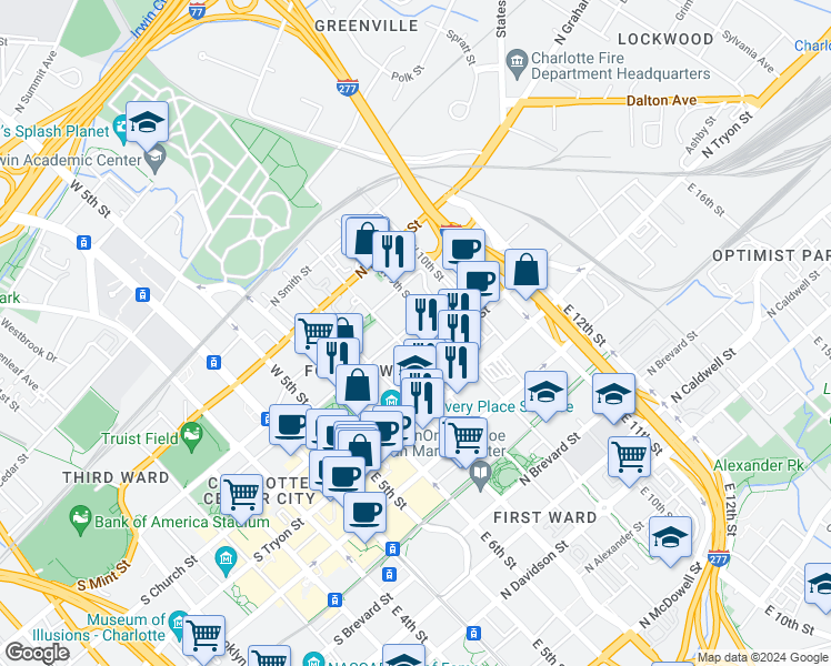 map of restaurants, bars, coffee shops, grocery stores, and more near 515 North Church Street in Charlotte