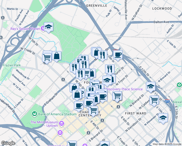 map of restaurants, bars, coffee shops, grocery stores, and more near 417 West 8th Street in Charlotte